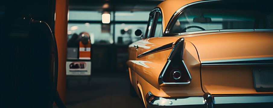 Old rare vintage orange car at a gas station near the gas tank closeup.