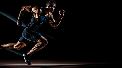 Muscular sportsman, runner in black backgrond
