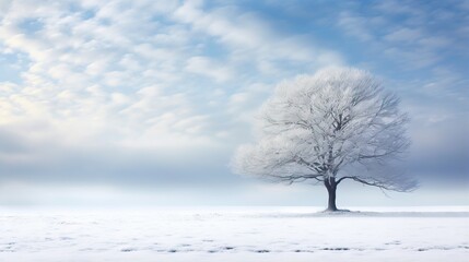  a lone tree in a snowy field with a blue sky in the background.  generative ai