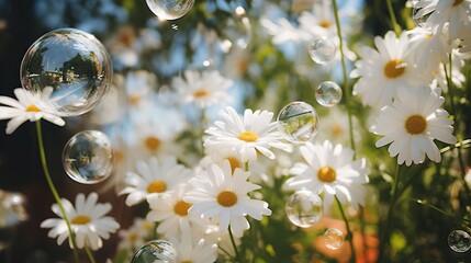  a field of white daisies and bubbles floating in the air.  generative ai