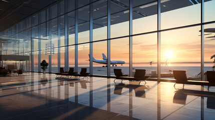 Emptiness Embodied  Airport Terminal Lounge Awaiting Arrival, Airplane on Background 3D Illustration