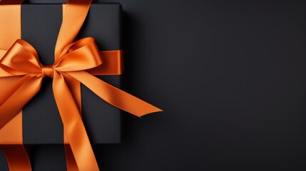Black Gift Box with Vibrant Orange Satin Ribbon Bow on Isolated Orange Background