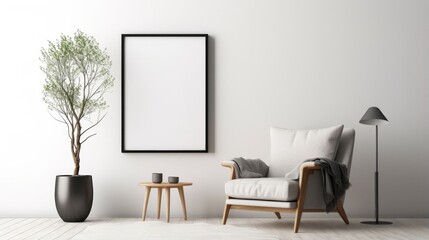 Fototapeta premium Scandinavian living room with designer armchair, black poster frame, stylish decor, modern home design, interior composition, wooden stool, book, decorative items, and loft wall