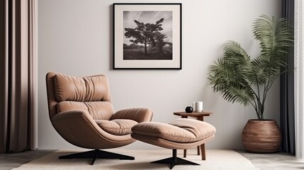 Scandinavian living room with designer armchair, black poster frame, stylish decor, modern home design, interior composition, wooden stool, book, decorative items, and loft wall