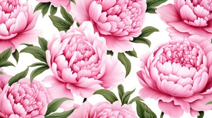 Pattern of pink peony flowers on a white background, perfect for mobile phone wallpapers, desktop backgrounds, and floral design projects. The pattern features beautifully blooming peonies with vibran