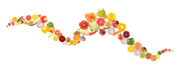 Falling fruits and vegetables in form of wave isolated on white