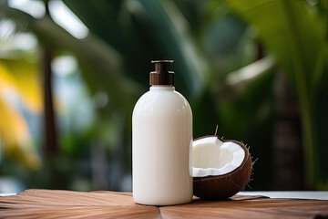 White cosmetic bottle and coconut on a wooden table with blurred tropical background. Free space for product placement or advertising text. - obrazy, fototapety, plakaty