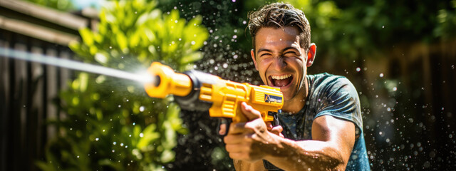 Man playing with a water gun in his front yard on a warm summer afternoon