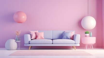 Fototapeta na wymiar 3D render of an interior design concept featuring a sale of home decorations and furniture. The scene is filled with beds, sofas, armchairs, and advertising banners in a pastel-colored setting during 