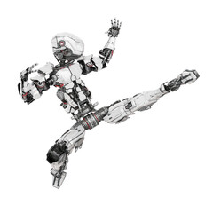 robot soldier is doing a kung fu side kick jump