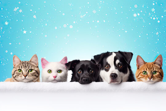 A group of cats and dogs peek behind a snow-covered banner against a background of falling snowflakes. Free space for product placement or advertising text.