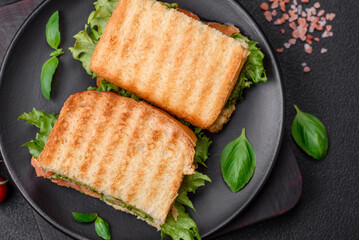 Delicious crispy sandwich with toast, salmon, avocado, tomatoes, salt, spices and herbs