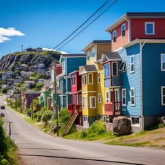 Signal Hill is a vibrant neighborhood in St. John's, Newfoundland, Canada, known for its colorful houses and picturesque views - obrazy, fototapety, plakaty
