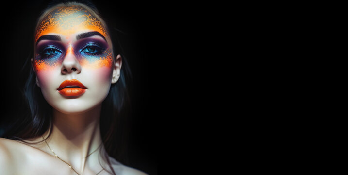 Fashion model girl portrait with colorful powder make up. Beauty woman with bright color makeup. 
 Generative AI.