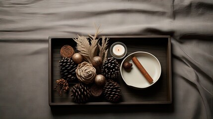  a tray with pine cones, a candle, a plate with a cinnamon and a bowl of nuts.  generative ai