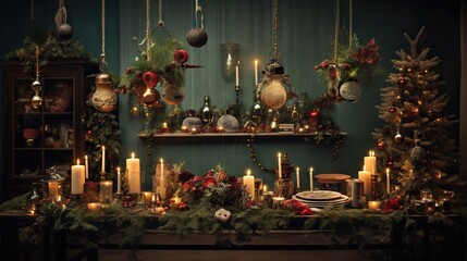 Fototapeta na wymiar a table topped with lots of candles and christmas wreaths. generative ai