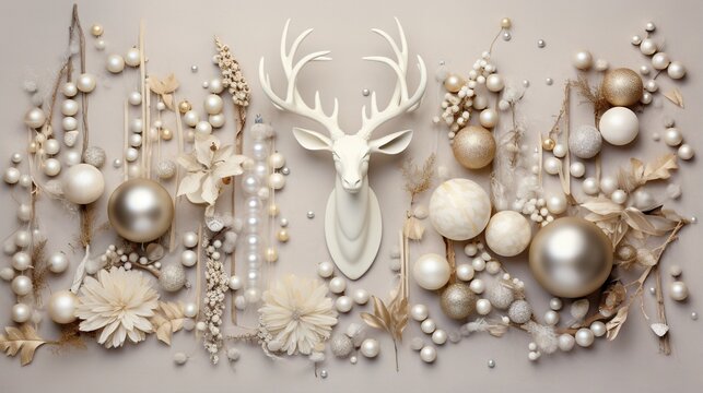  a deer head surrounded by christmas ornaments and pearls and pearls.  generative ai