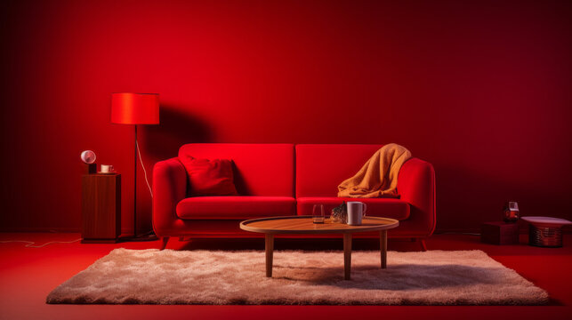 A bright red room with a red sofa, a red coffee table, and a rug