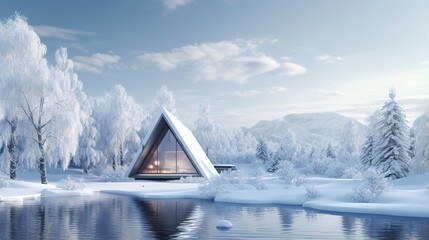  a cabin in the middle of a snowy landscape with a lake.  generative ai