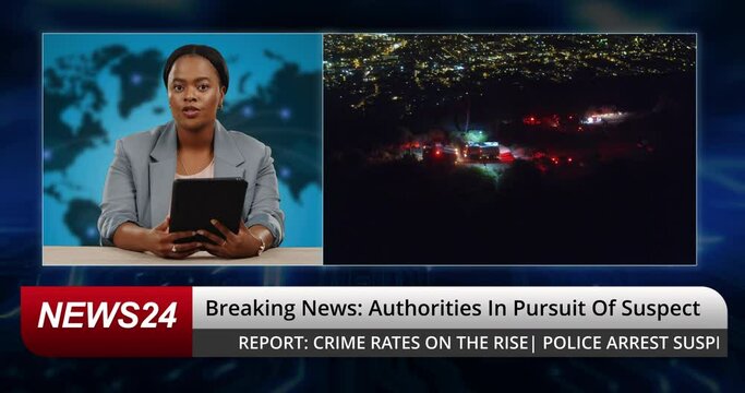 Breaking news, report and woman talking in presentation of crime, suspect or police in live stream or tv show. Television, announcement or broadcast journalist with investigation or media information