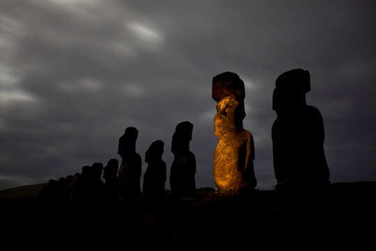Moai on Easter Island at Tongariki site, Chile; Easter Island, Isla de Pascua, Chile