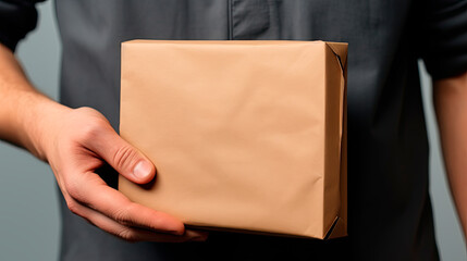 Fototapeta premium A package in the hands of a courier. Mockup for product branding.