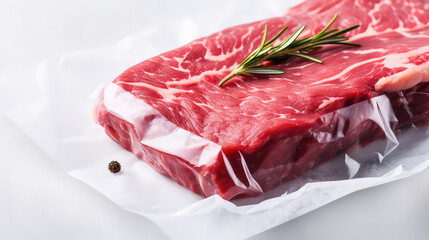 Fresh red raw beef ribeye steak sealed in transparent plastic vacuum pack on white marble table background, copy space.  - obrazy, fototapety, plakaty