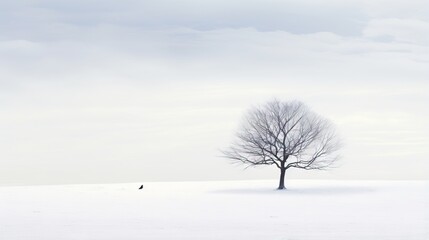  a lone tree in the middle of a snowy field with a lone bird.  generative ai