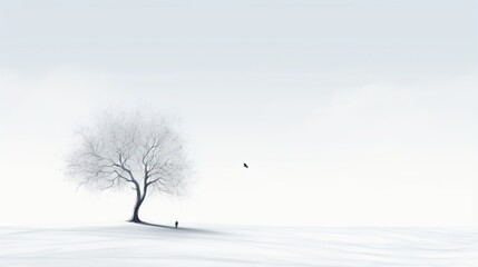  a lone tree in a snowy landscape with a bird flying overhead.  generative ai