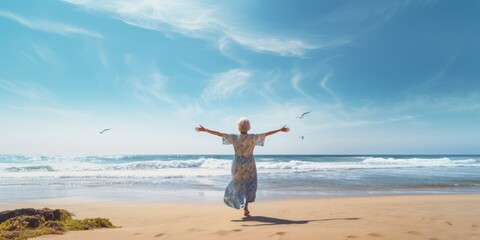  A Closeup of an Elderly Woman Walking on the Beach, Arms Outstretched, Embracing the Tranquil Beauty of the Ocean and Serene Moments