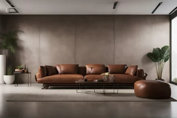 Fotobehang Concrete and with copper decorated wall and brown leather sofa Interior design of modern living roo © ArtisticLens
