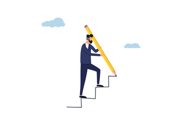 Success concept. Progress and goal achievement, motivation to develop the concept of a path or staircase to success, smart businessman draws a big staircase with a pencil. Illustration