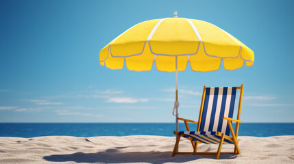 A bright striped umbrella opened up and propped against a black and white striped beach chair 