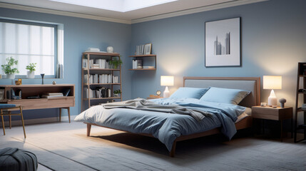 A brightly lit bedroom with matching furniture and a white and blue accent wall