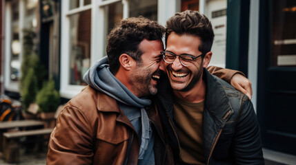 Homosexual couple happily hugging and smiling outdoors