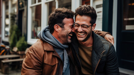 Obraz premium Homosexual couple happily hugging and smiling outdoors