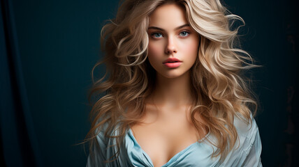 portrait of beautiful blonde woman with curly wavy hairstyle.