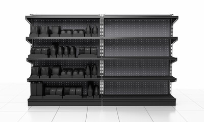 Black shelves in supermarket, Blank products in store, Empty shelf from front view, 3D rendering	