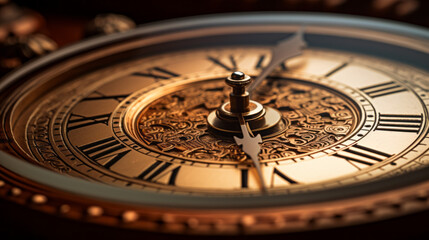 A brown clock its face filled with Roman numerals