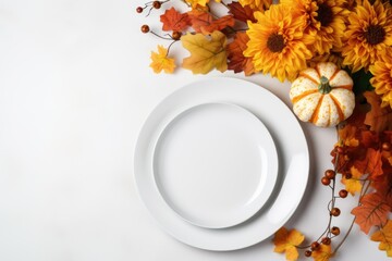 Obraz na płótnie Canvas Modern table setting for fall holidays, thanksgiving, halloween, wedding with white plate mockup