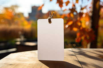 White empty blank tag on autumn background. Empty space for inscriptions.