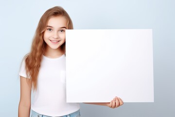 Naklejka premium A little girl is holding an empty white board, ready for an advertisement or message, with a clean and friendly presentation.
