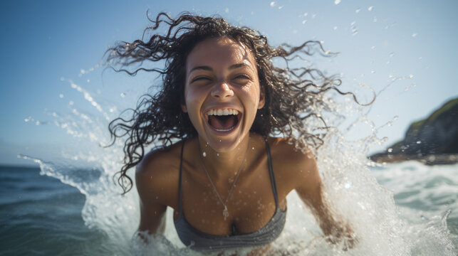 Happy woman enjoys a seaside vacation splashing water on the beach
