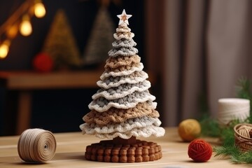 Handmade Christmas tree knitted with crochet in natural colors. Hobby, sustainable xmas idea