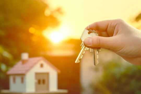 Hands Holding Keys And In Front Of A New House, Moving In To A New House