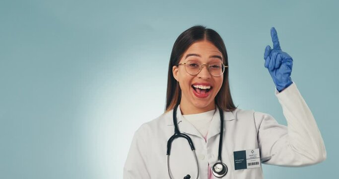 Studio, eureka and doctor thinking, excited and planning medical development, cardiology ideas and medicine solution. Healthcare innovation, facial expression and nurse realisation on blue background