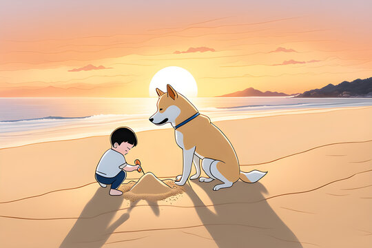 a baby and a Jindo dog on the sandy beach at sunset Generative AI