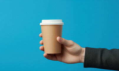 Close up male holding in hand craft paper cup for takeaway isolated on blue background. Packaging template mock up. Delivery service concept. Copy space advertising area