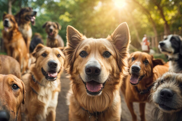 Cute Dog Taking Selfie with Dog Group, in nature in sunlight, Happiness, Joyful, Cuteness, Nature Selfie