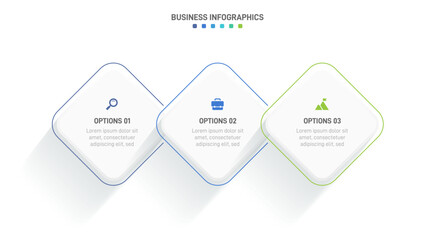 Timeline infographic with infochart. Modern presentation template with 3 spets for business process. Website template on white background for concept modern design. Horizontal layout.